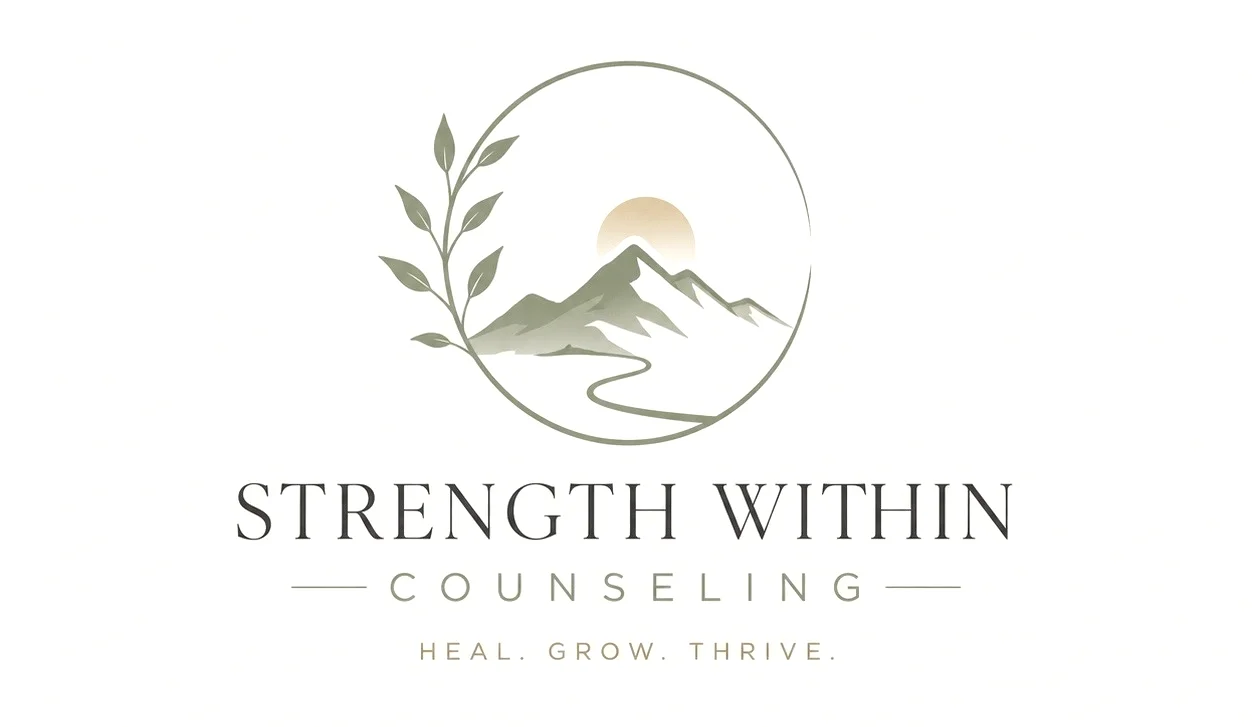 Strength Within Counseling — Heal. Grow. Thrive. Logo of a mountain path and leafed branch inside a circle with a rising sun.